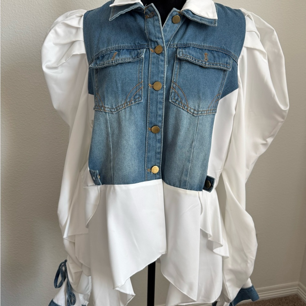 Denim and White Button Down Shirt with puffy sleeves - Picture 3 of 5